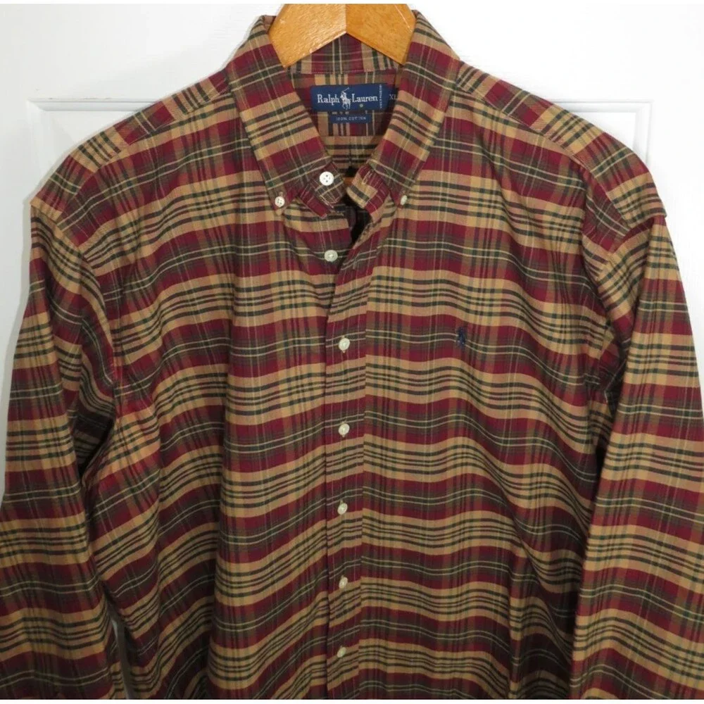 Polo Ralph Lauren Tartan Plaid Oxford Cloth Button Down Shirt Blue Pony XL